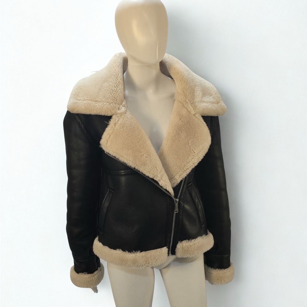 FRAME Color Noir Faux Shearling & Leather Jacket Size S